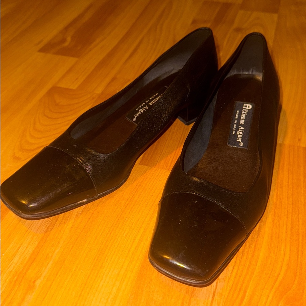 Etienne Aigner Black Shoes twiggy Leather Small Pumps black toe cap 8.5 - Picture 2 of 5